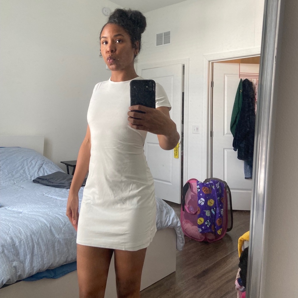 Reformation Christy Mini Knit Dress in white. Size small